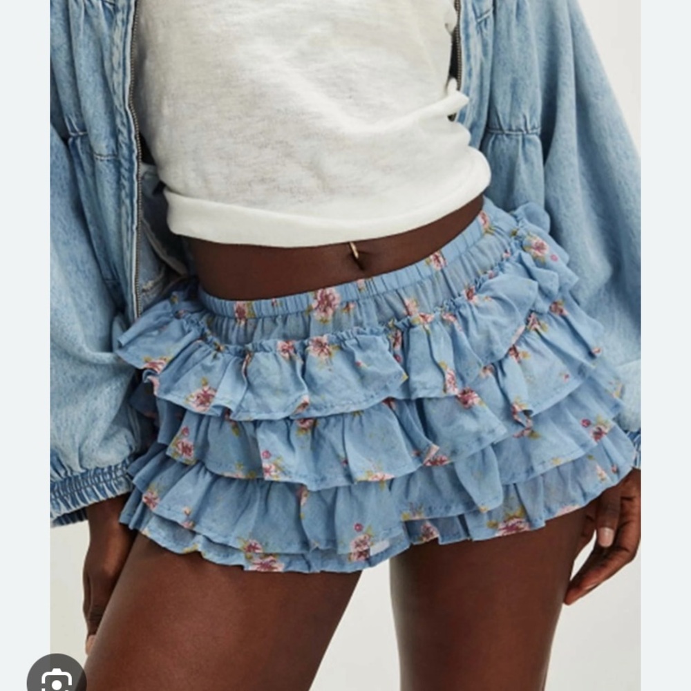 Free People Light Blue Floral Ruffle Skort